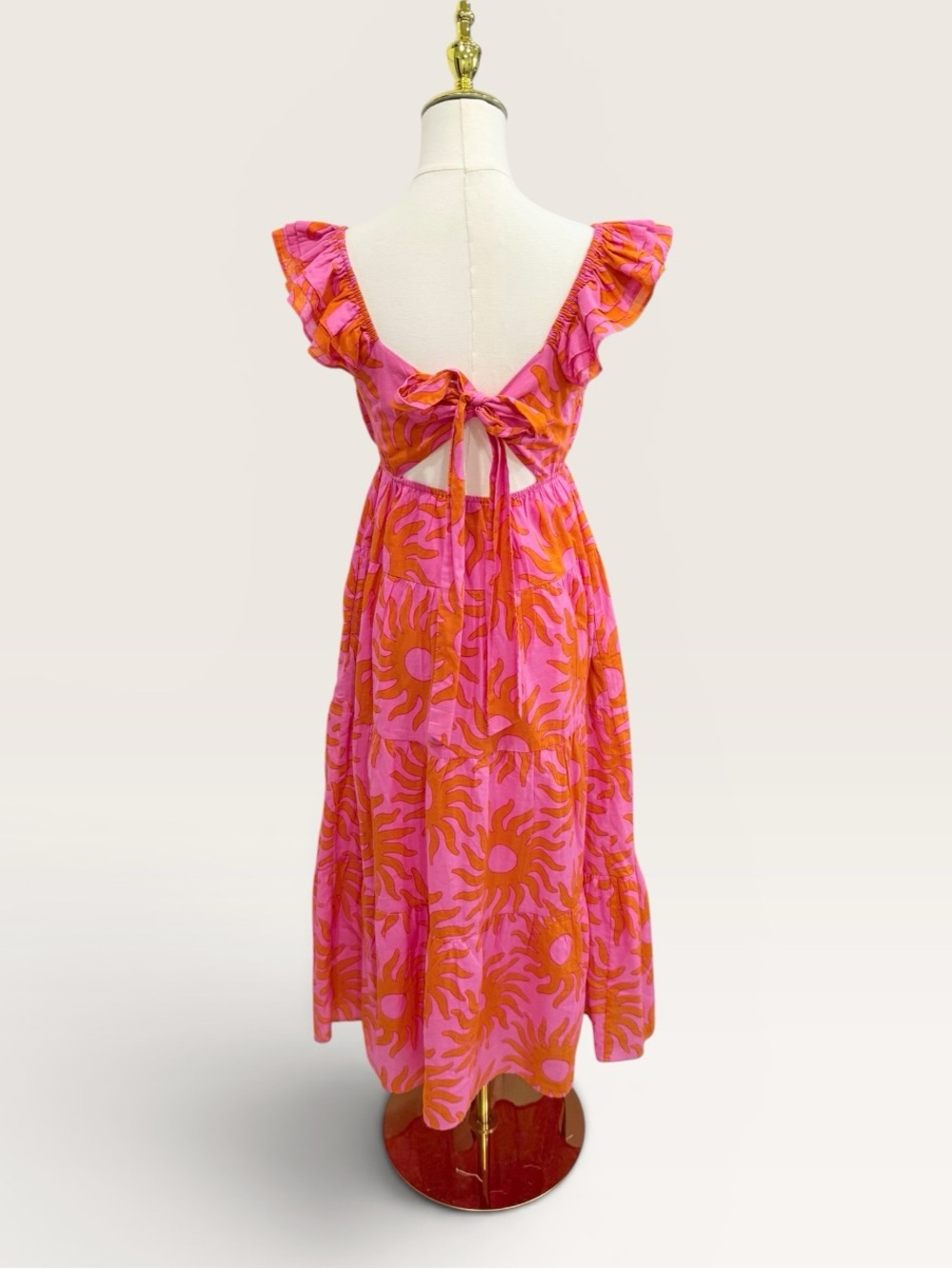 J.Marie Mara Ruffle Strap Tie Back Pink Orange Sun Print Cotton Midi Dress NWT - Picture 6 of 16
